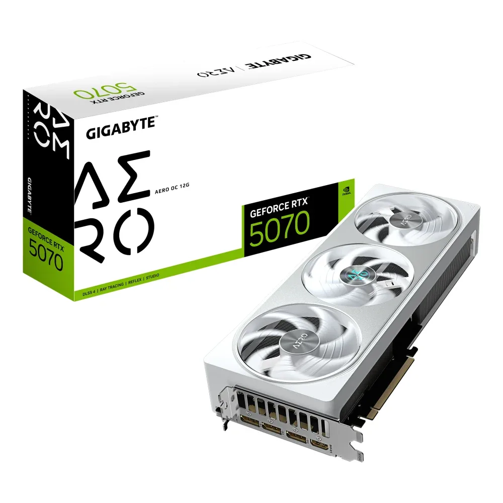 Gigabyte NVIDIA GeForce RTX 5070 AERO OC 12GB GDDR7 Graphics Card, 6144 CUDA Cores, 2625 MHz Core Clock, Triple Fan, White, RGB, 3x DisplayPorts / 1x HDMI Port