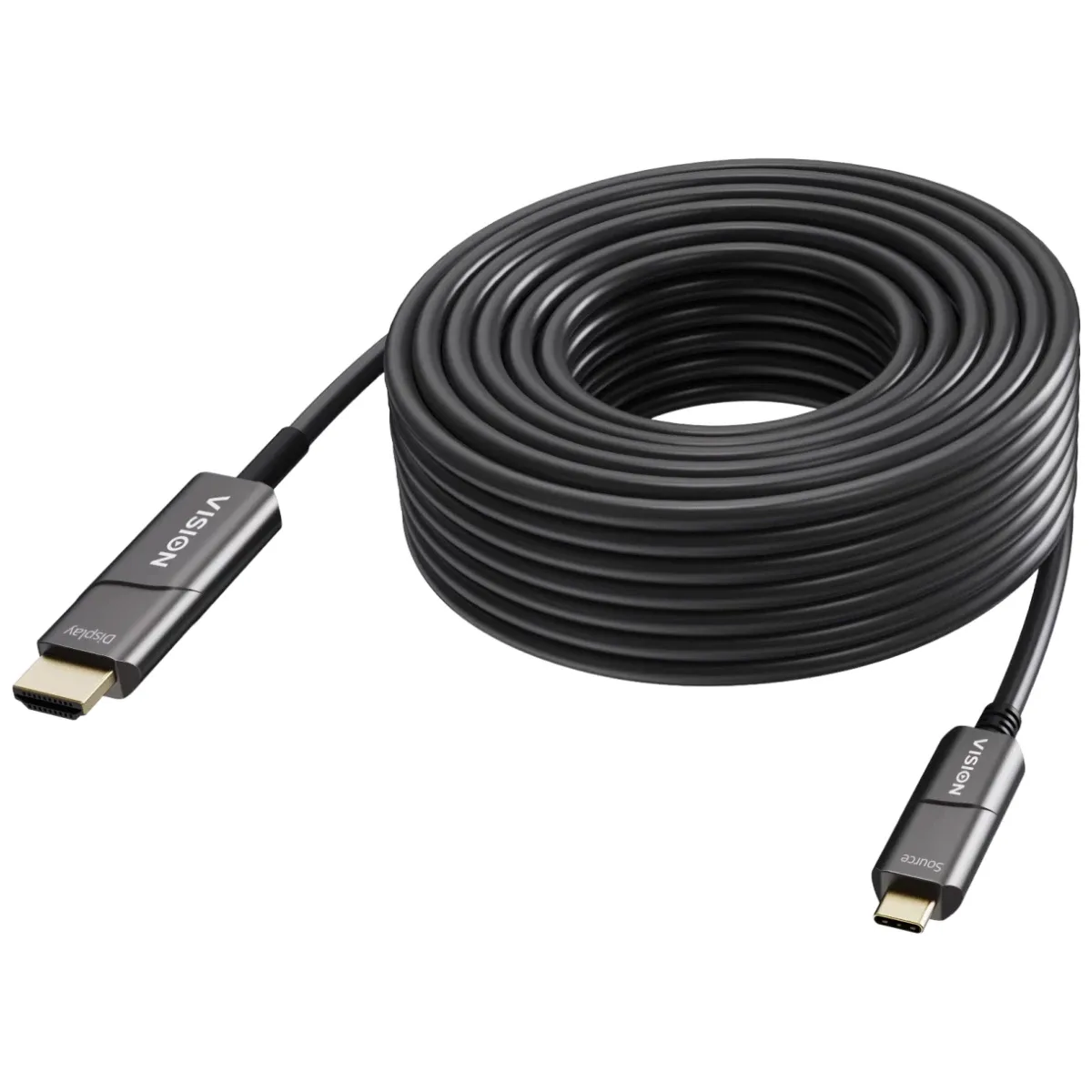 50 m USB C to HDMI cable - 4K at 60 Hz - Gold plated connectors - DP 1.2 - HDMI 2.0 - Supports CEC, EDID, HDR, HDCP 2.2 - USB C 3.2 (m) to HDMI (m) - outer diameter 4.5 mm - 18 Gbps - active om3 fibre optic - black