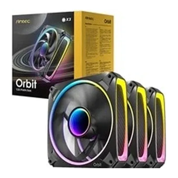 Antec Orbit 120 ARGB 120 mm PWM Fan Triple Pack  - 120 mm x 28 mm, Fluid Dynamic Bearing, 200-2000 RPM, 66.72 CFM, aRGB Lighting, Anti-Vibration Pads