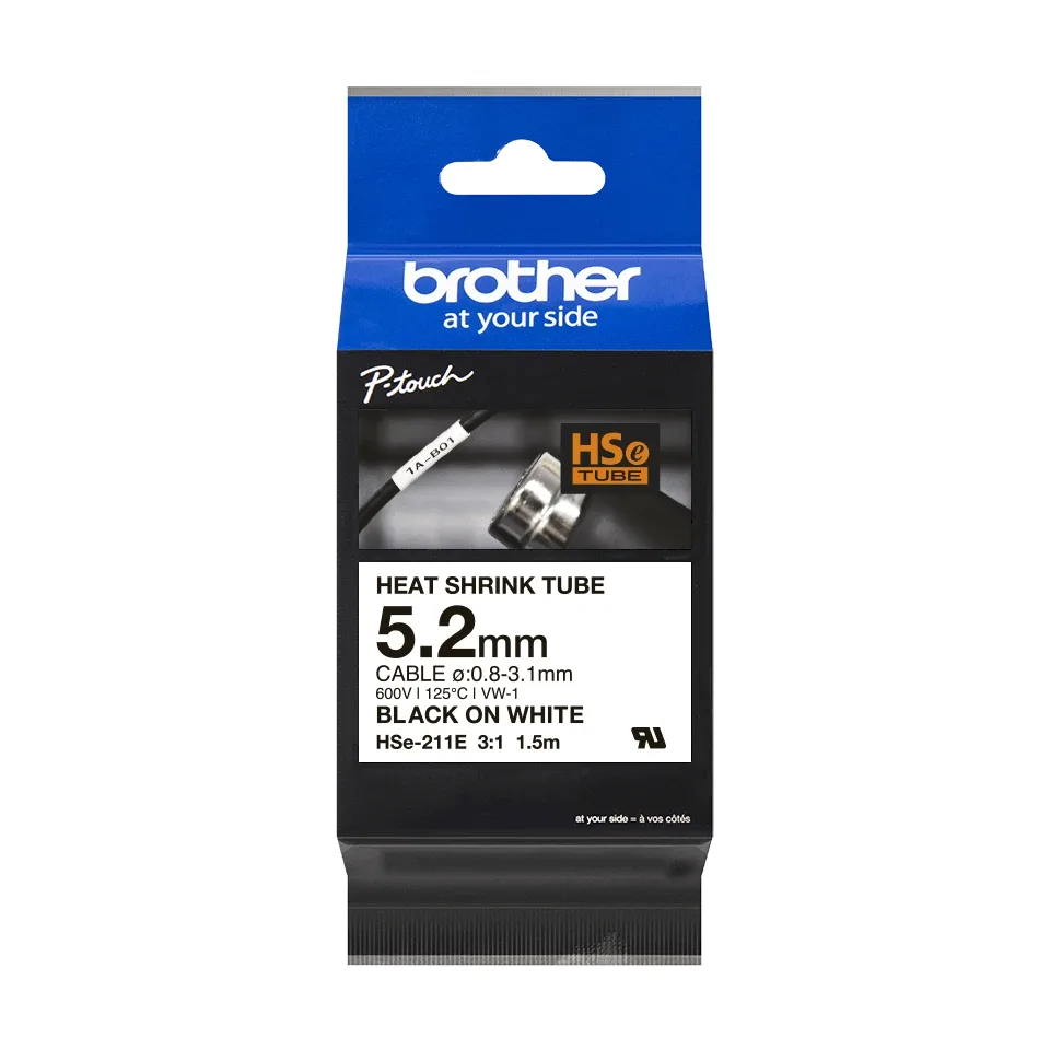 Brother HSe-211E - Black on white - Roll (0.52 cm x 1.5 m) 1 cassette(s) hanging box - heat shrink tube tape - for P-Touch PT-D800W, PT-E550WVP