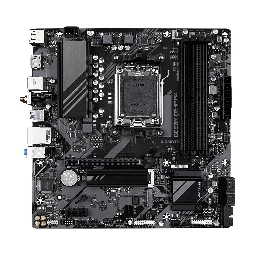 Gigabyte B650M D3HP AX Ultra Durable AMD AM5 Socket Motherboard, Micro-ATX, 4x DDR5 Slots, 2x M.2 Sockets, 2.5GbE LAN, Wi-Fi 6E, 2x DisplayPorts / 1x HDMI Port