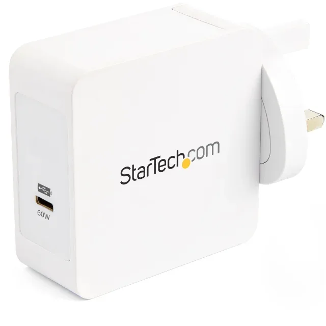Startech USB C Wall Charger, USB C Laptop Charger 60W PD, 6ft/2m Cable, Universal Compact Type C Power Adapter, Dell XPS/Lenovo X1 Carbon, HP EliteBook, MacBook, USB IF/CE Certified - 60W PD3.0 Wall Charger (WCH1CUK) - Power adapter - 60 Watt - 3 A (USB-C) - on cable: USB-C - white - United Kingdom