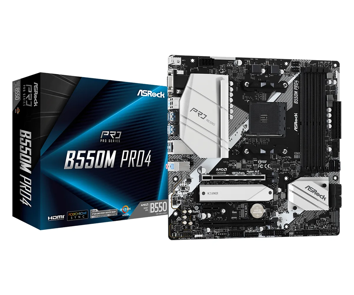 ASRock B550M Pro4 AMD AM4 Socket Motherboard, Micro-ATX, 4x DDR4 Slots, 2x M.2 Sockets, GbE LAN, 1x D-Sub / 1x DisplayPort / 1x HDMI Port