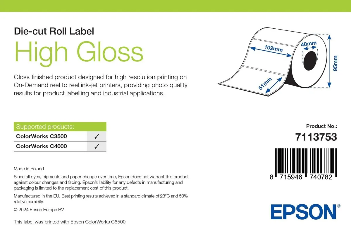Epson 7113753 High Gloss Label Die-cut Roll 102MM X 51MM 610 Labels