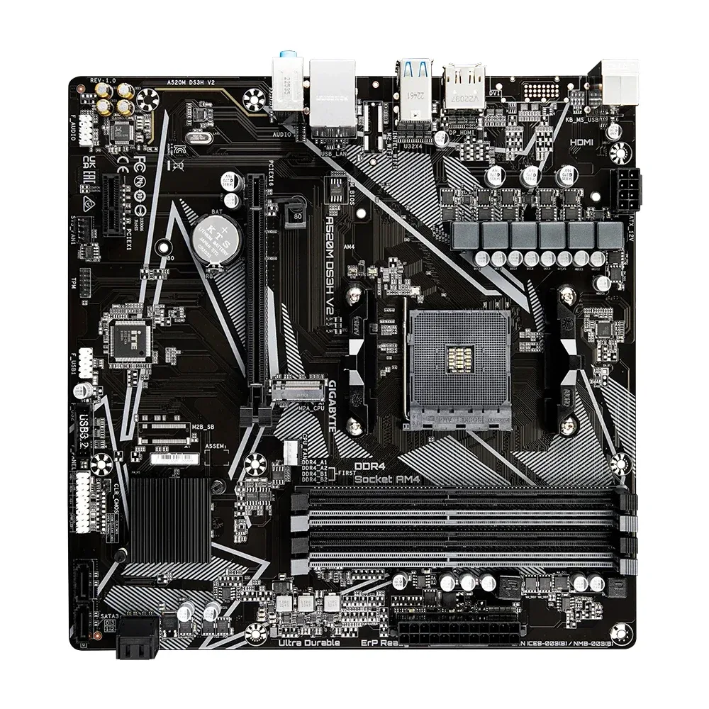Gigabyte A520M DS3H V2 Ultra Durable AMD AM4 Socket Motherboard, Micro-ATX, 4x DDR4 Slots, 1x M.2 Socket, GbE LAN, 1x DisplayPort / 1x HDMI Port
