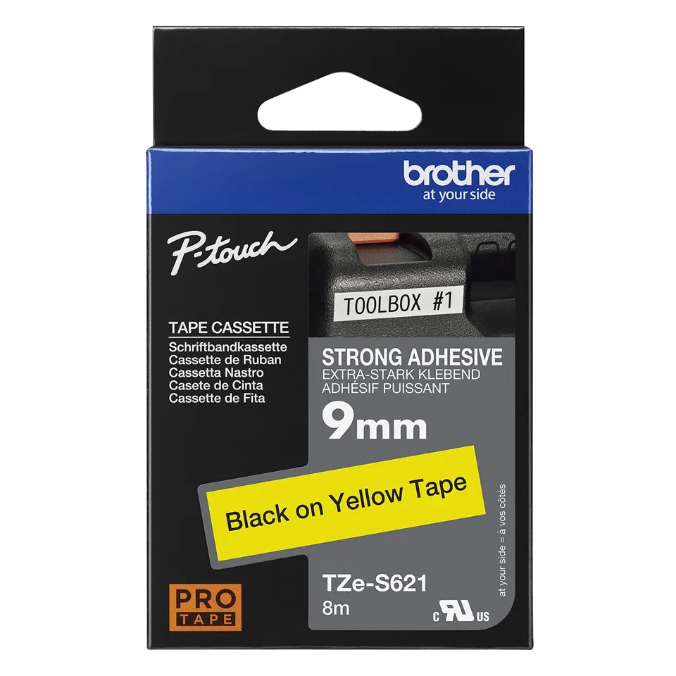 Brother TZe-S621 - Extra strength adhesive - black on yellow - Roll (0.9 cm x 8 m) 1 cassette(s) laminated tape - for Brother PT-D210, D600, H110, H200, P-Touch PT-D200, D450, E550, H107, H110, H200, P900