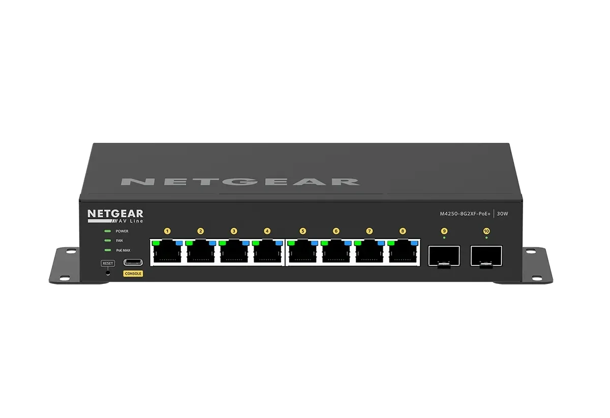 NETGEAR AV Line M4250-8G2XF-PoE+ - Switch - L3 - Managed - 8 x 10/100/1000 (8 PoE+) + 2 x 10 Gigabit SFP+ - side to side airflow - desktop - PoE+ (220 W)