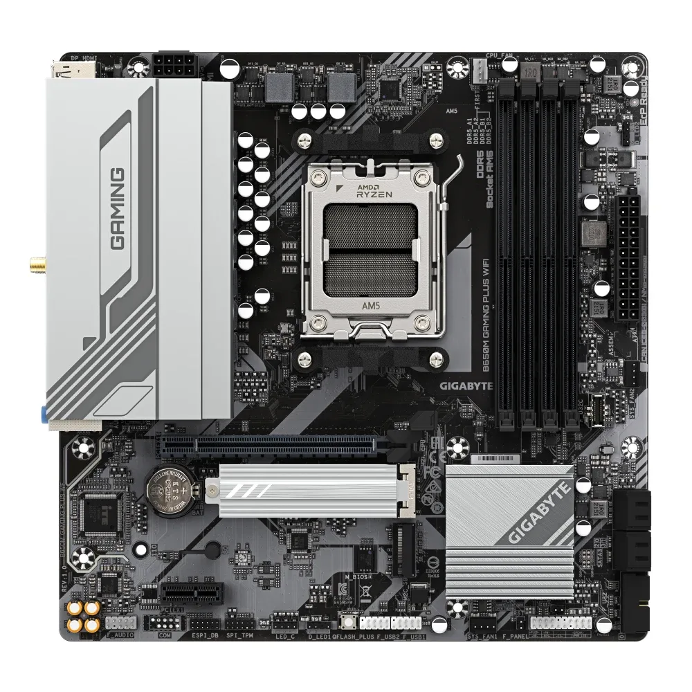 Gigabyte B650M GAMING PLUS WIFI (Rev. 1.2) AMD AM5 Socket Motherboard, Micro-ATX, 4x DDR5 Slots, 2x M.2 Sockets, Fitted I/O Shield, 2.5GbE LAN, Wi-Fi 6, 2x DisplayPorts / 1x HDMI Port