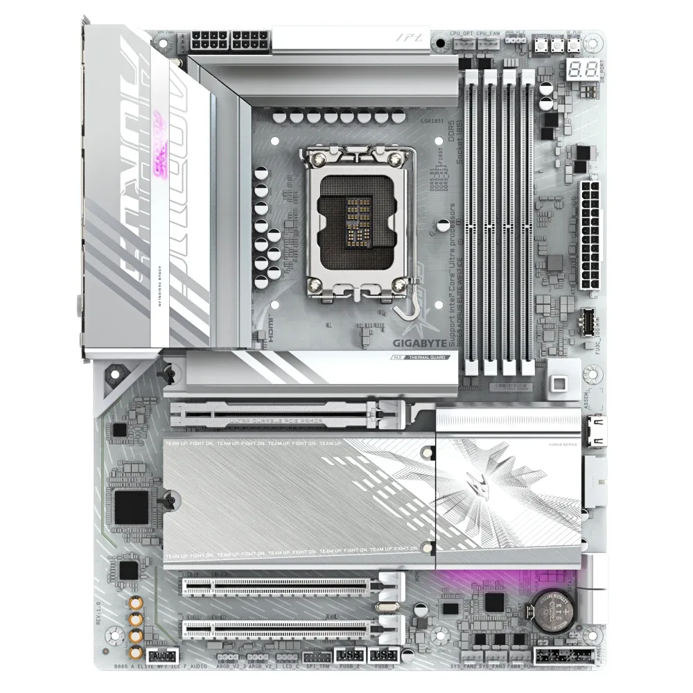 Gigabyte B860 AORUS ELITE WIFI7 ICE Intel 1851 Socket Motherboard, ATX, 4x DDR5 Slots, 3x M.2 Sockets, Fitted I/O Shield, 2.5GbE LAN, Wi-Fi 7, 1x DisplayPort / 1x HDMI Ports / 1x USB-C (USB4)