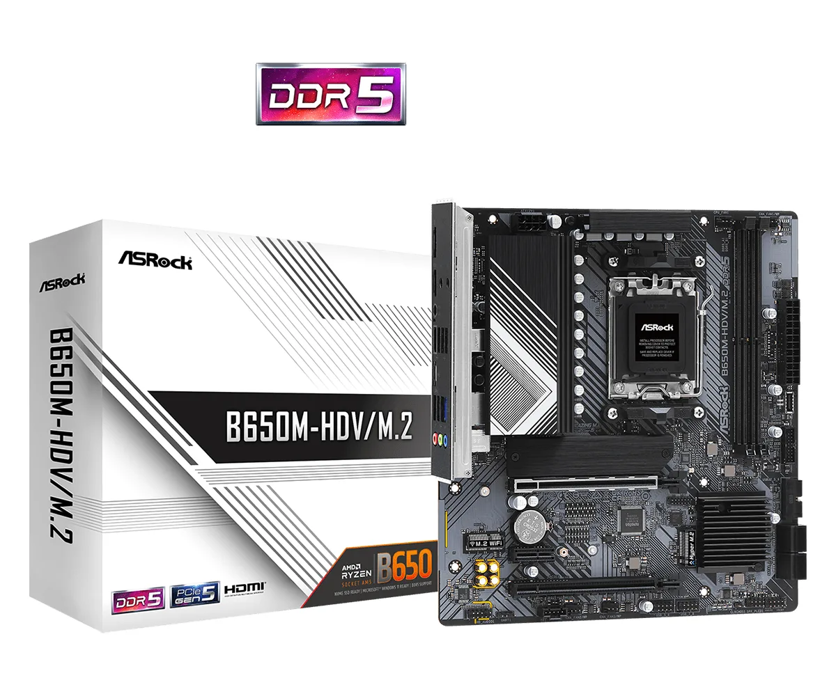 ASRock B650M-HDV/M.2 AMD AM5 Socket Motherboard, Micro-ATX, 2x DDR5 Slots, 2x M.2 Sockets, Fitted I/O Shield, 2.5GbE LAN, 1x DisplayPort / 1x HDMI Port