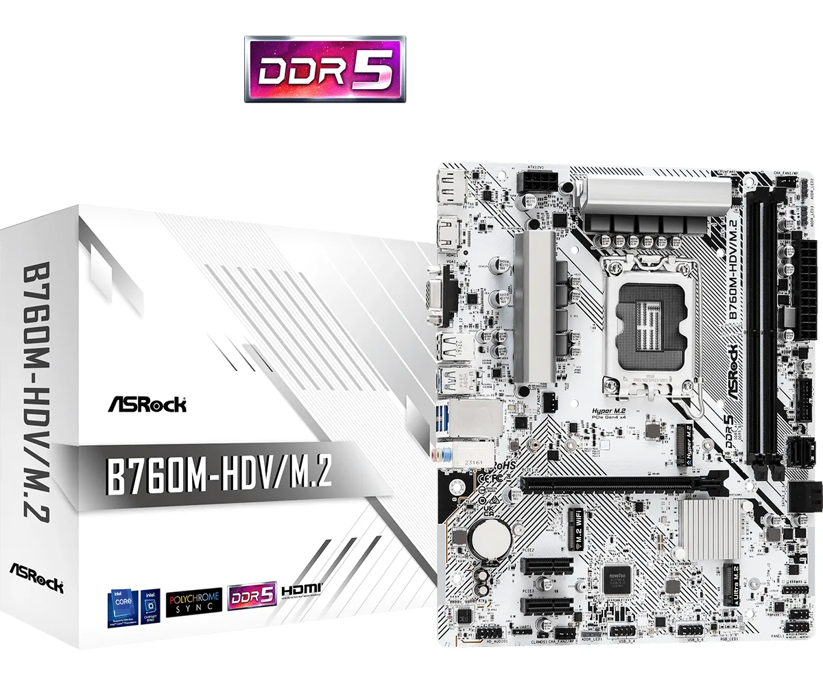 ASRock B760M-HDV/M.2 Intel 1700 Socket Motherboard, Micro-ATX, 2x DDR5 Slots, 2x M.2 Sockets, 2.5GbE LAN, 1x D-Sub / 1x DisplayPort / 1x HDMI Port