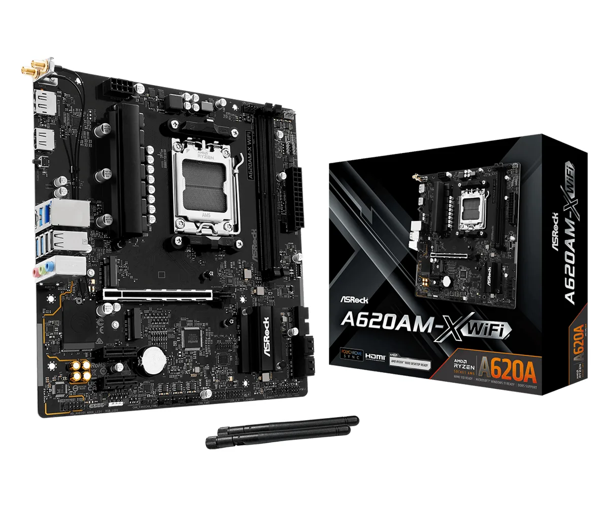 ASRock A620AM-X WIFI AMD AM5 Socket Motherboard, Micro-ATX, 2x DDR5 Slots, 2x M.2 Sockets, 2.5GbE LAN, Wi-Fi 5, 1x HDMI Port / 1x DisplayPort