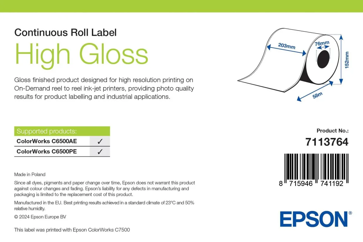 Epson 7113764 High Gloss Label Continuous Roll 203MM X 60M