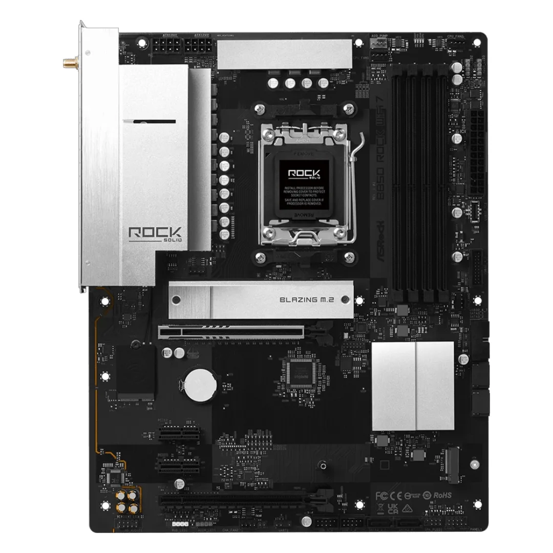 ASRock B850 Rock WiFi 7 AMD AM5 Socket Motherboard, ATX, 4x DDR5 Slots, 2x M.2 Sockets, Fitted I/O Shield, 2.5GbE LAN, Wi-Fi 7, 1x HDMI Port
