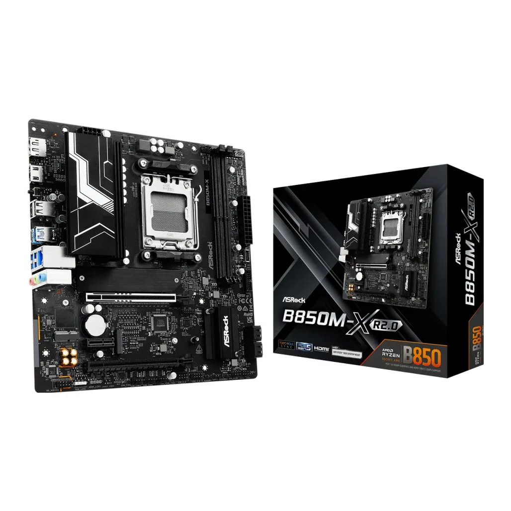 ASRock B850M-X R2.0 AMD AM5 Socket Motherboard, Micro-ATX, 2x DDR5 Slots, 2x M.2 Sockets, 2.5GbE LAN, 1x DisplayPort / 1x HDMI Port