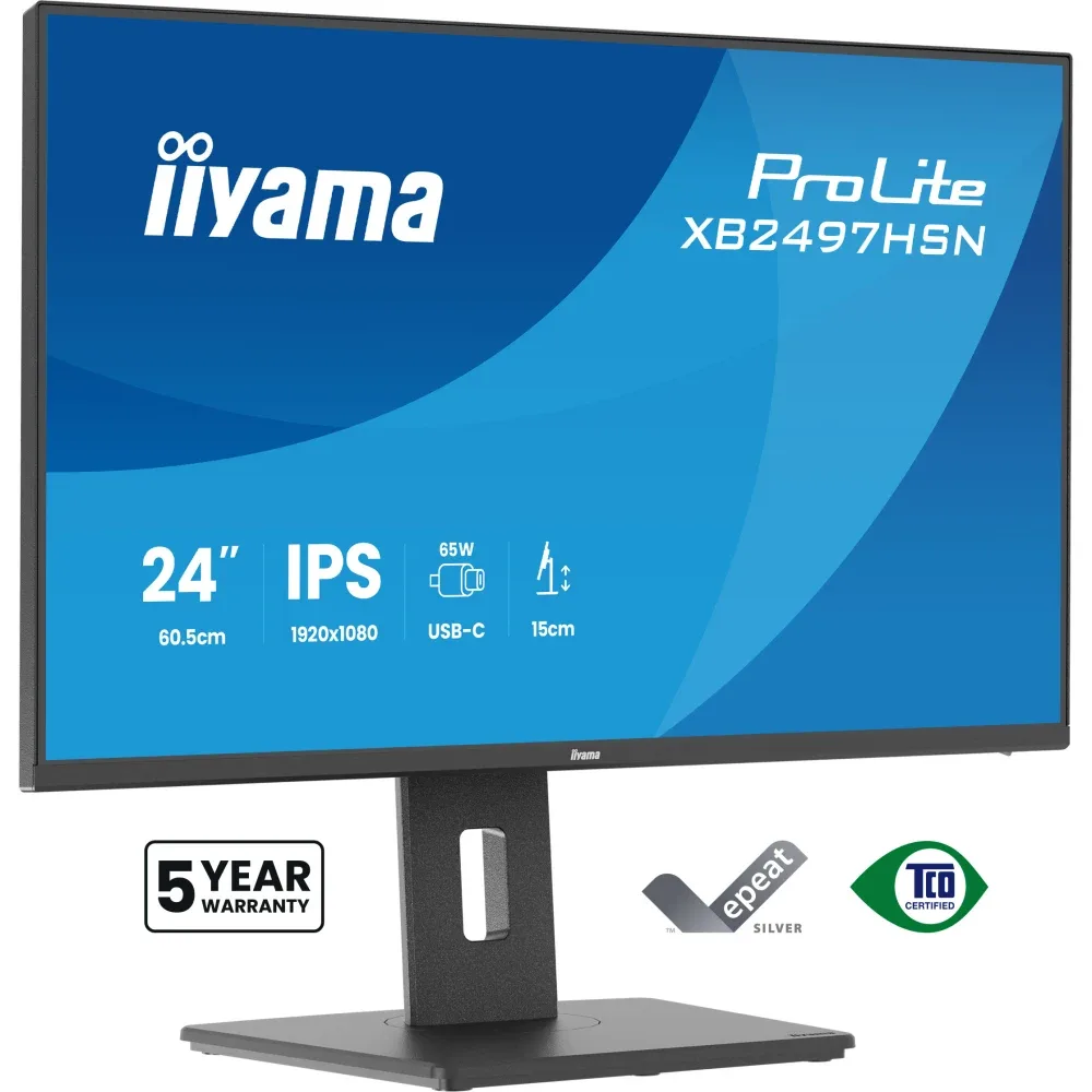 iiyama XB2497HSN-B1 24" IPS LCD USB-C Dock Display with 65W Charging, 4ms (1ms MPRT, Full HD 1920x1080, 350 cd/m2 Brightness, RJ45, 1x HDMI,1 x DisplayPort In, 1 x DP-OUT(MST), USB Hub 2x USB 3.0 + 2x USB-C (7.5W), 2W Speakers, Height Adjustable Stand