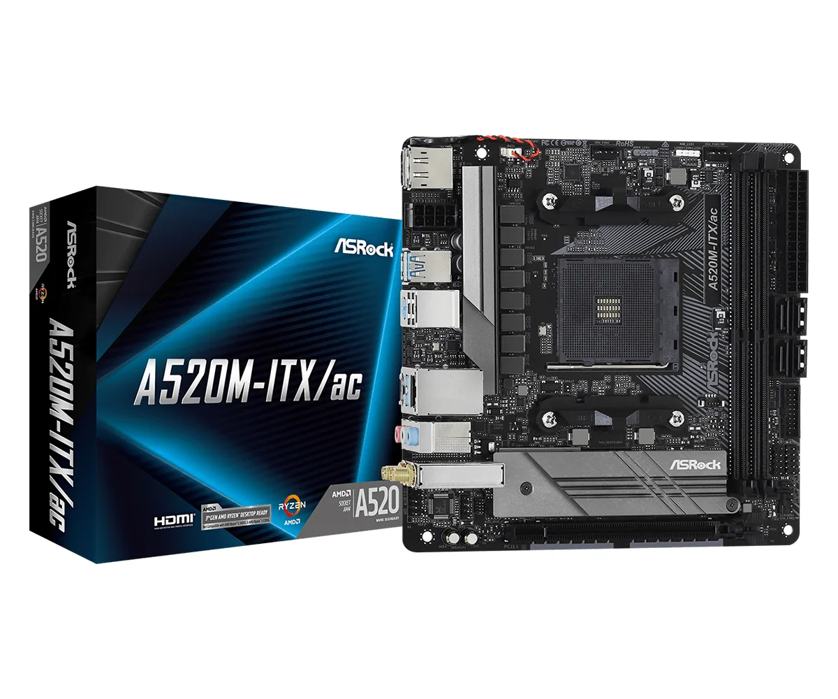 ASRock A520M-ITX/ac AMD AM4 Socket Motherboard, Mini-ITX, 2x DDR4 Slots, 1x M.2 Socket, GbE LAN, Wi-Fi 5, 1x DisplayPort / 1x HDMI Port