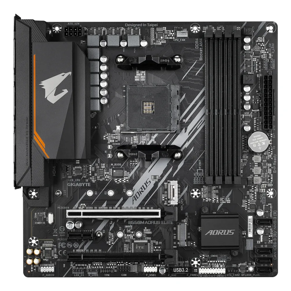 Gigabyte B550M AORUS ELITE Ultra Durable AMD AM4 Socket Motherboard, Micro-ATX, 4x DDR4 Slots, 2x M.2 Sockets, Fitted I/O Shield, GbE LAN, 1x DVI-D / 1x HDMI Port