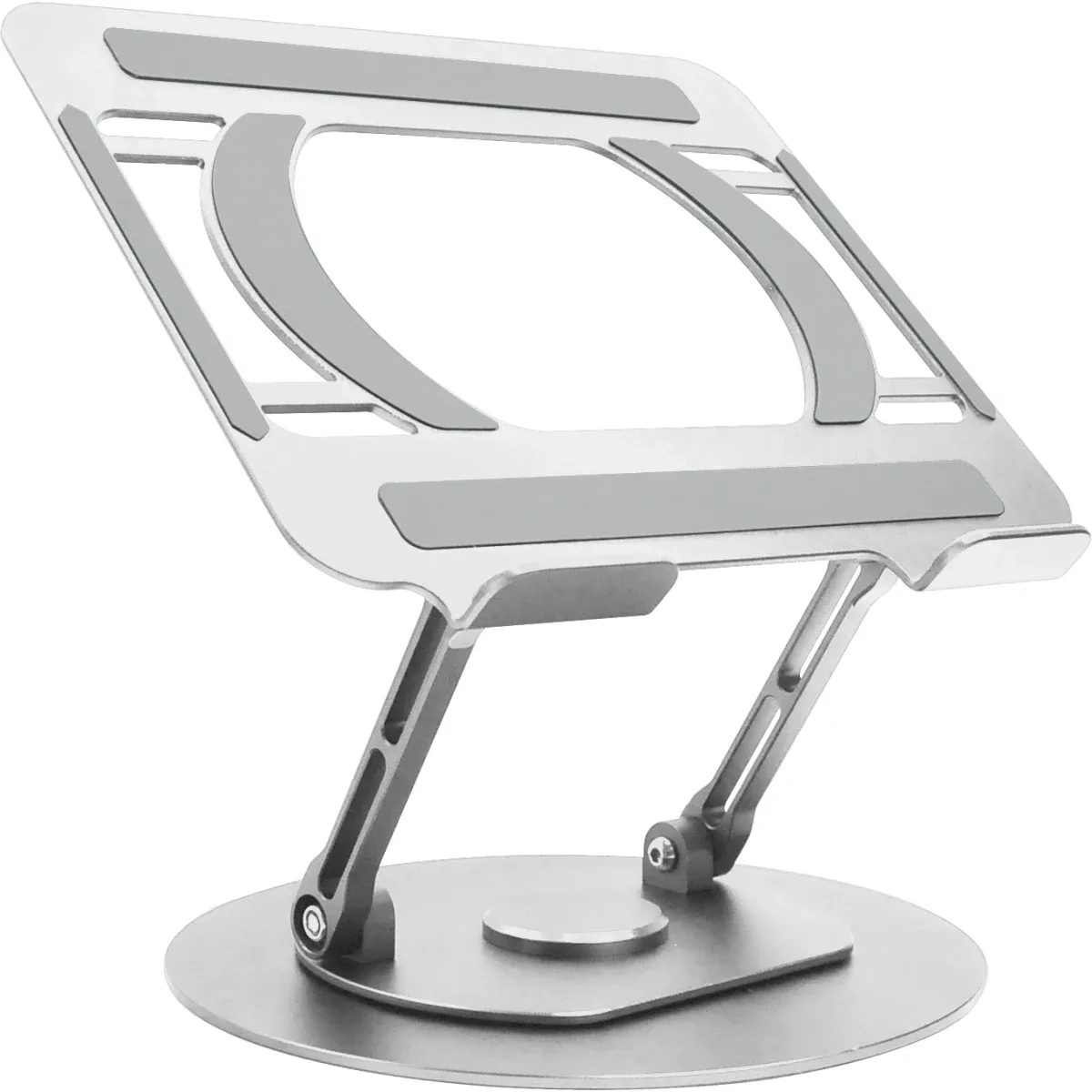 Laptop turntable desk stand - lifts laptop up to 150 mm above desk - suits any size laptops - set laptop on any angle - anodized cnc aluminium alloy construction - silicon anti skid pads protect laptop and table - silver
