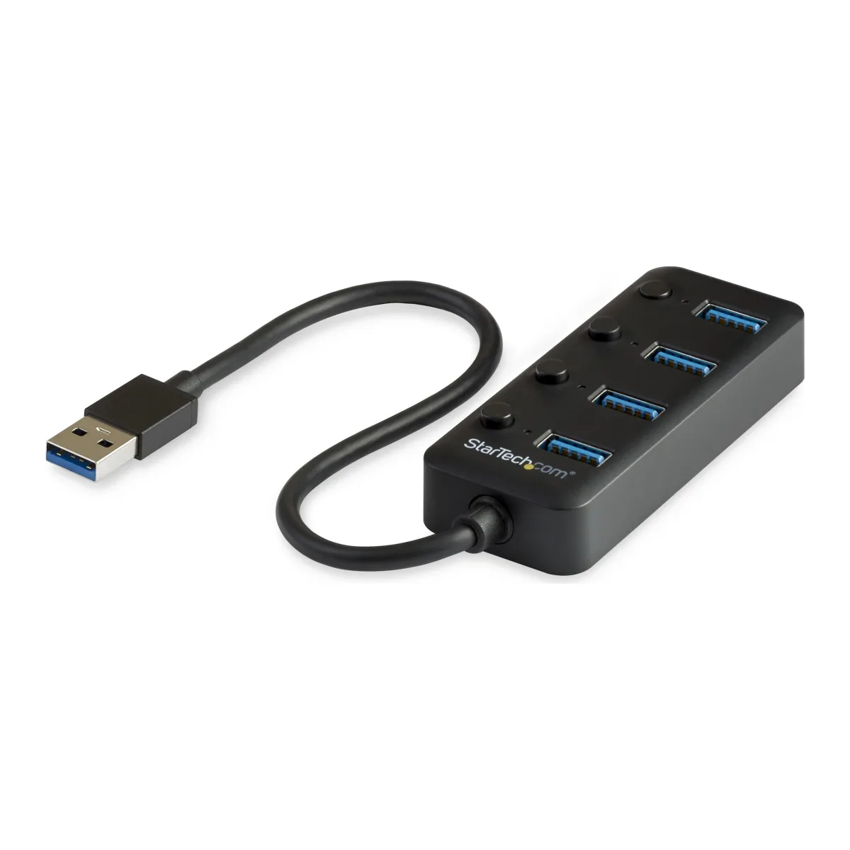 Startech 4 Port USB 3.0 Hub, USB-A to 4x USB 3.0 Type-A with Individual On/Off Port Switches, SuperSpeed 5Gbps USB 3.1/USB 3.2 Gen 1, USB Bus Powered, Portable, 9.8" Attached Cable - Windows/macOS/Linux (HB30A4AIB) - Hub - 4 x USB 3.1 Gen 1 - desktop - for P/N: HB30C4AIB