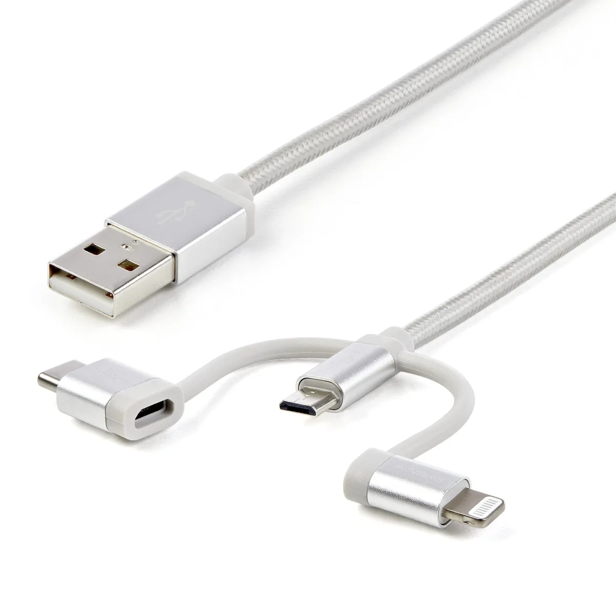 StarTech USB Multi Charging Cable - 3.3 ft / 1m - Lightning / USB-C / Micro-USB - Braided - MFi Certified - USB 2.0 - 3 in 1 Charging (LTCUB1MGR)