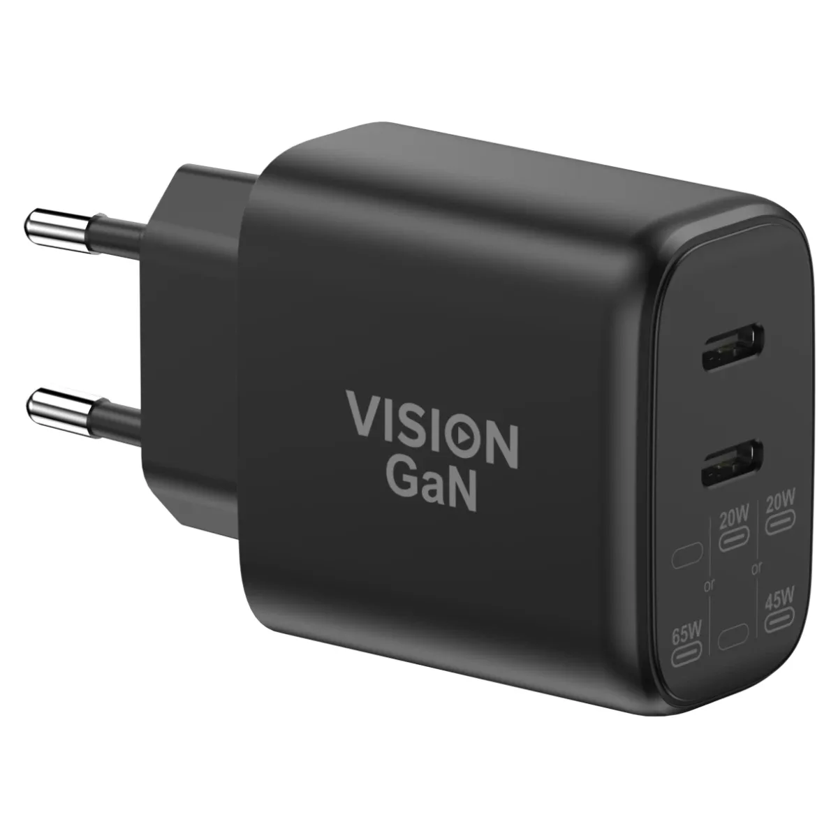USBC Dual Fast Charger with EU Plug adapter - from mfi certified factory - dual USB C socket - EU CEE 7/7 schuko plug - outputs 65 w from main port - if second port used output drops to 45 w and second port outputs 20 w - gan technology makes this very small 46 x 46 x 28 mm - fast charges most devices - powers new laptops - black