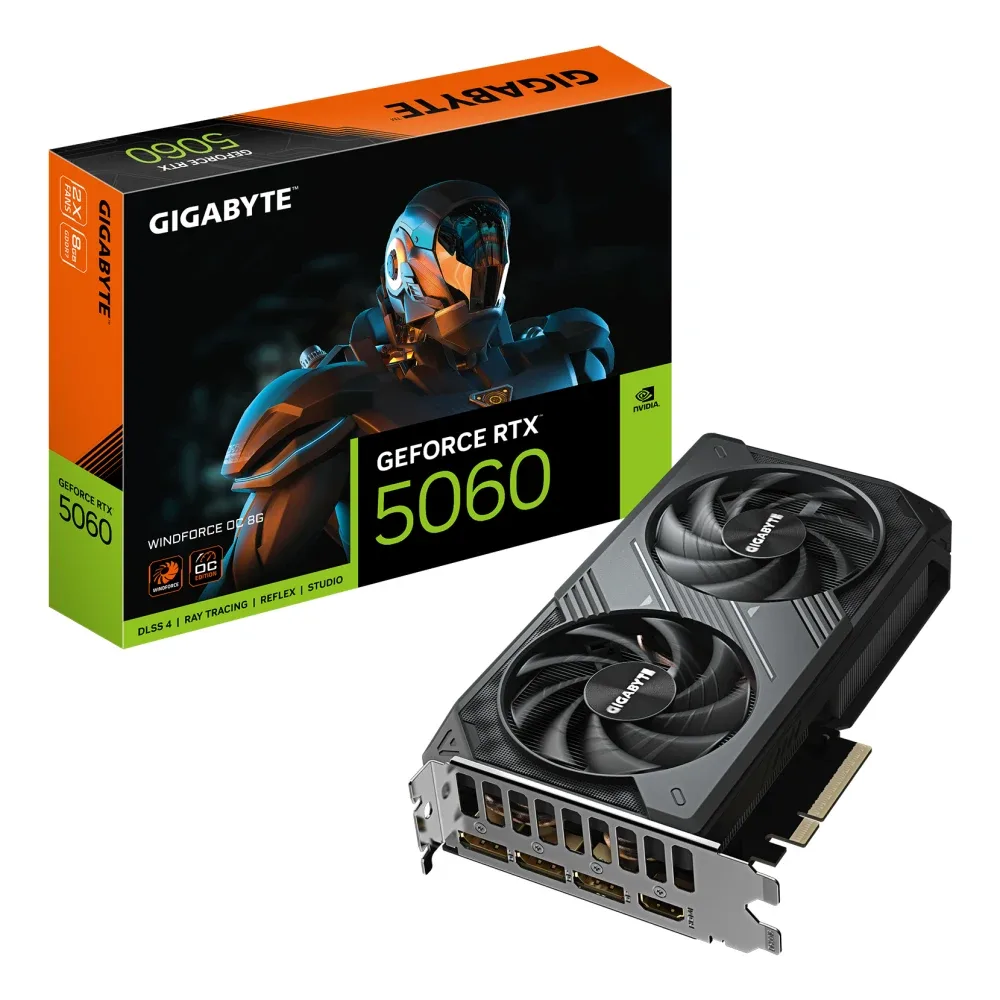 Gigabyte NVIDIA GeForce RTX 5060 WINDFORCE OC 8GB GDDR7 Graphics Card, 3840 CUDA Cores, 2512 MHz Core Clock, Dual Fan, 3x DisplayPorts / 1x HDMI Port