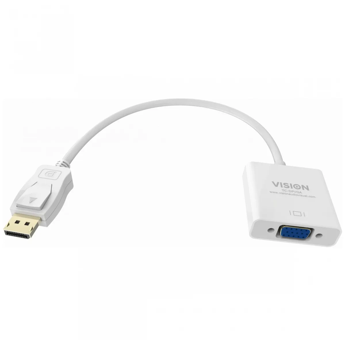 DisplayPort to VGA adaptor - maximum resolution 1920 x 1080 - does not convert VGA to DP - hotplug - DP (m) to VGA (f) - overall length 150 mm - outer diameter 5.5 mm - 32 awg - white