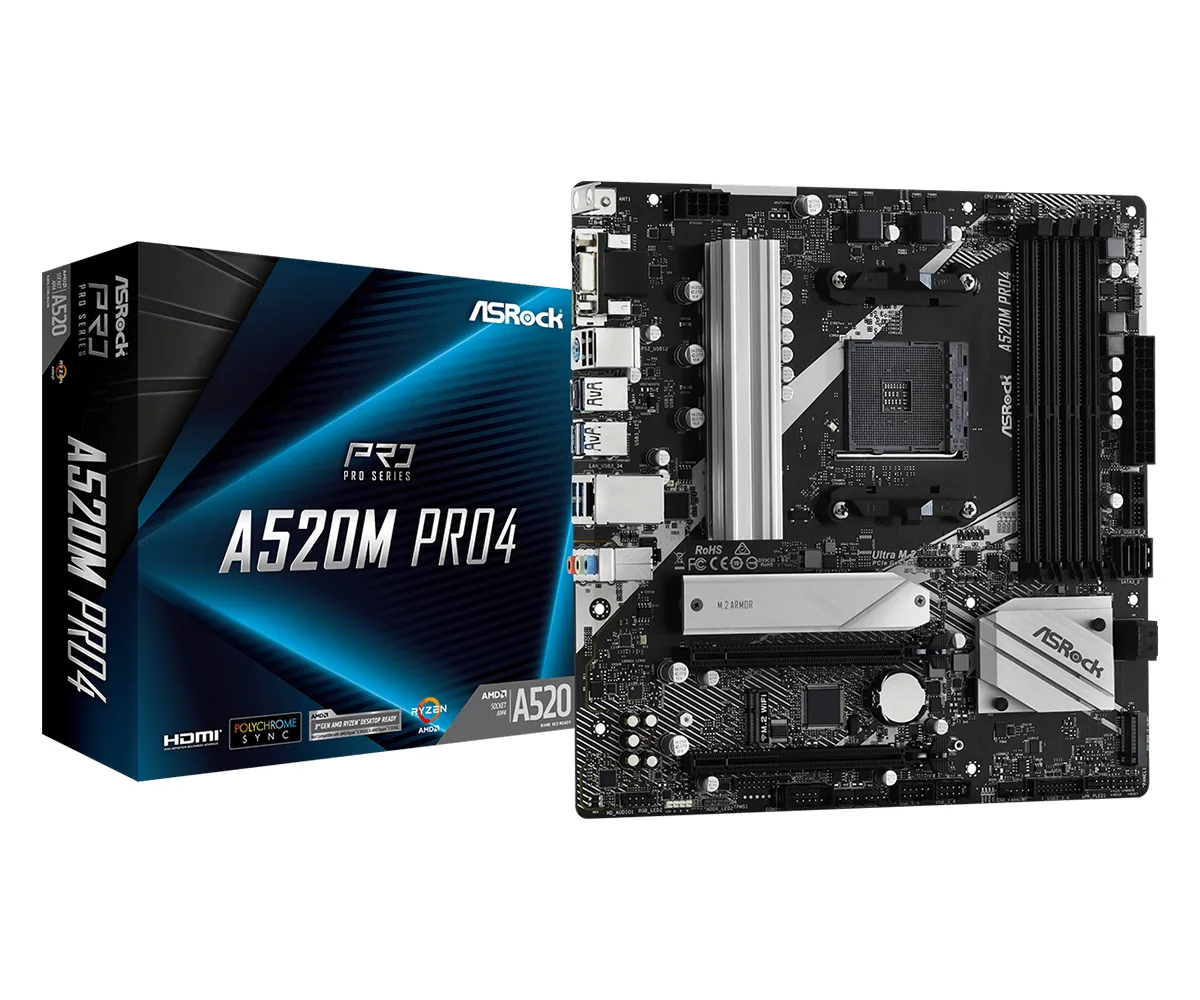 ASRock A520M PRO4 Super Alloy AMD AM4 Socket Motherboard, Micro-ATX, 4x DDR4 Slots, 1x M.2 Socket, GbE LAN, 1x D-Sub / 1x DisplayPort / 1x HDMI Port