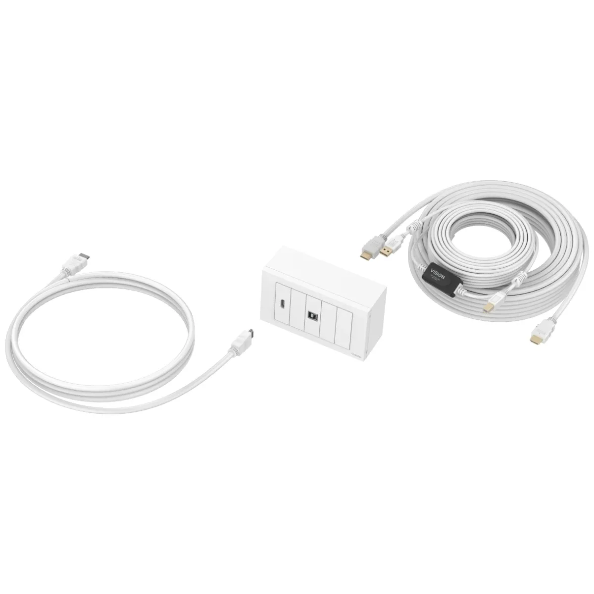 10 m Modular AV faceplate and cable package - 4k at 60 hz - simple pack for installing touch panel display or projector - includes UK double-gang backbox and double-gang surround that accommodates five modules - modules included: 1 x HDMI module, 1 x USB B (3.0 with b on front , a on rear) module - input patch cable included: 1 x 3 m HDMI 8k cable (26 awg) - output cables included: 1 x 10 m HDMI 8k cable (26 awg), 1 x 10 m USB cable with inline booster - all cables and faceplate white