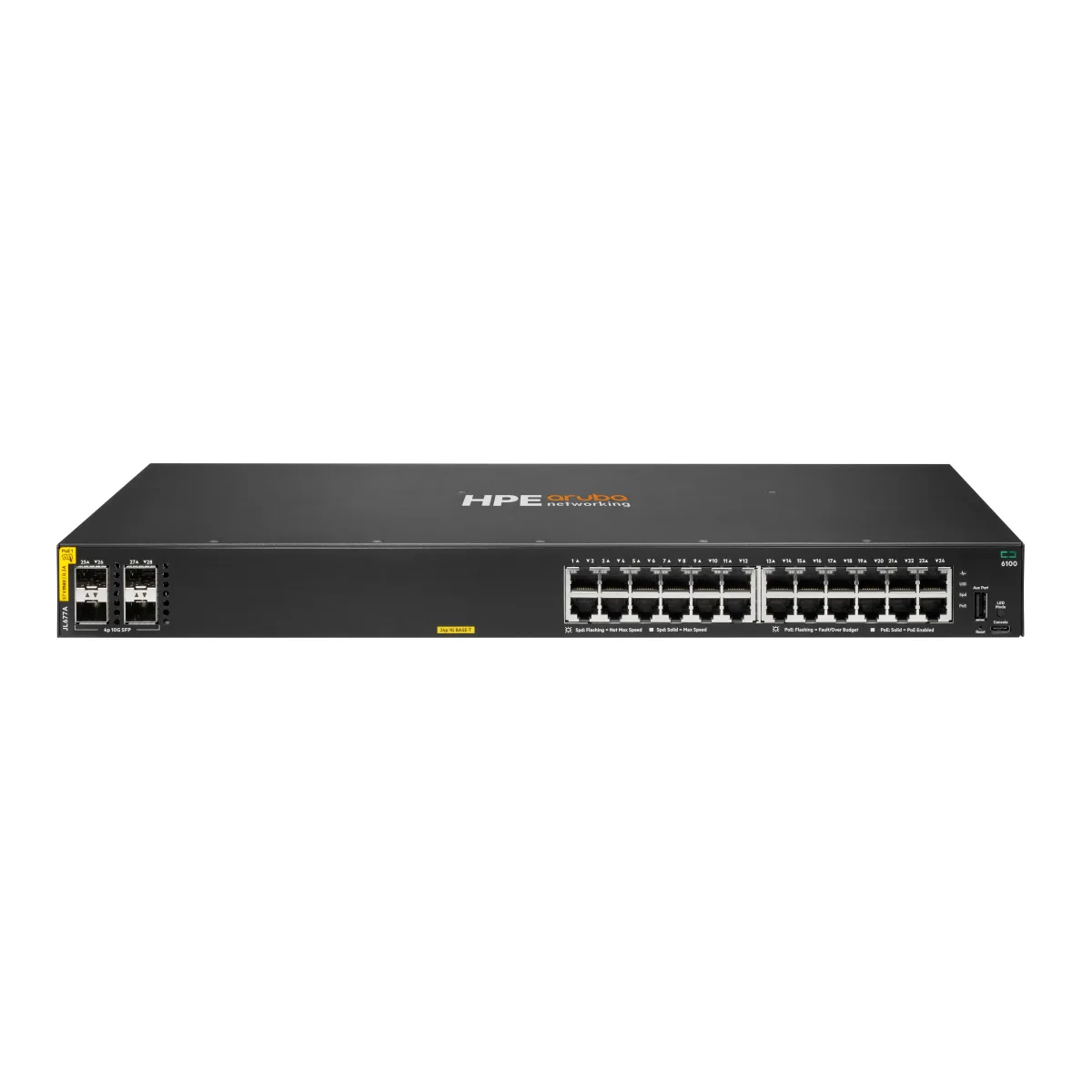 HPE Aruba 6100 24G Class4 PoE 4SFP+ - Switch - Managed - 24 x 10/100/1000 + 4 x 1 Gigabit / 10 Gigabit SFP+ - side to side airflow - rack-mountable - PoE+ (370 W)