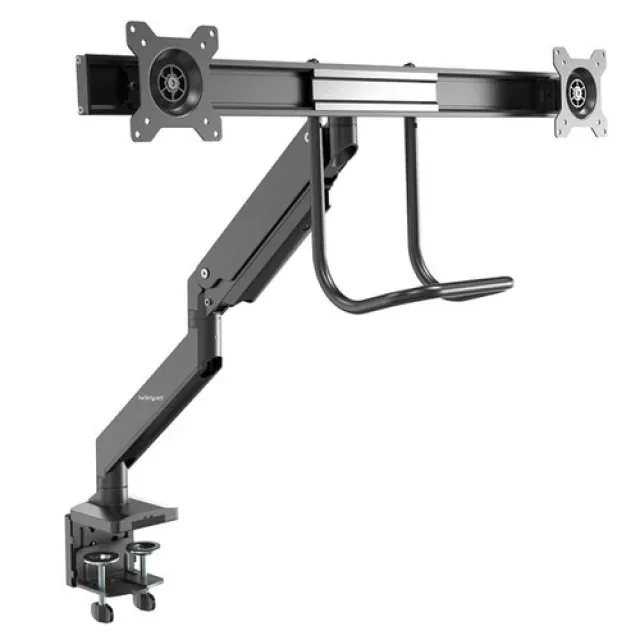 Startech Desk Mount Dual Monitor Arm, Ergonomic Dual Monitor VESA Mount for 32" 17.6lbs (8kg) Displays, Crossbar Handle for Synchronized Full Motion, Height Adjustable, C-Clamp/Grommet - Small Footprint Design (ARMSLMBARDUO) - Mounting kit - adjustable arm - for 2 monitors - heavy duty steel - black - screen size: 17"-32" - desk-mountable