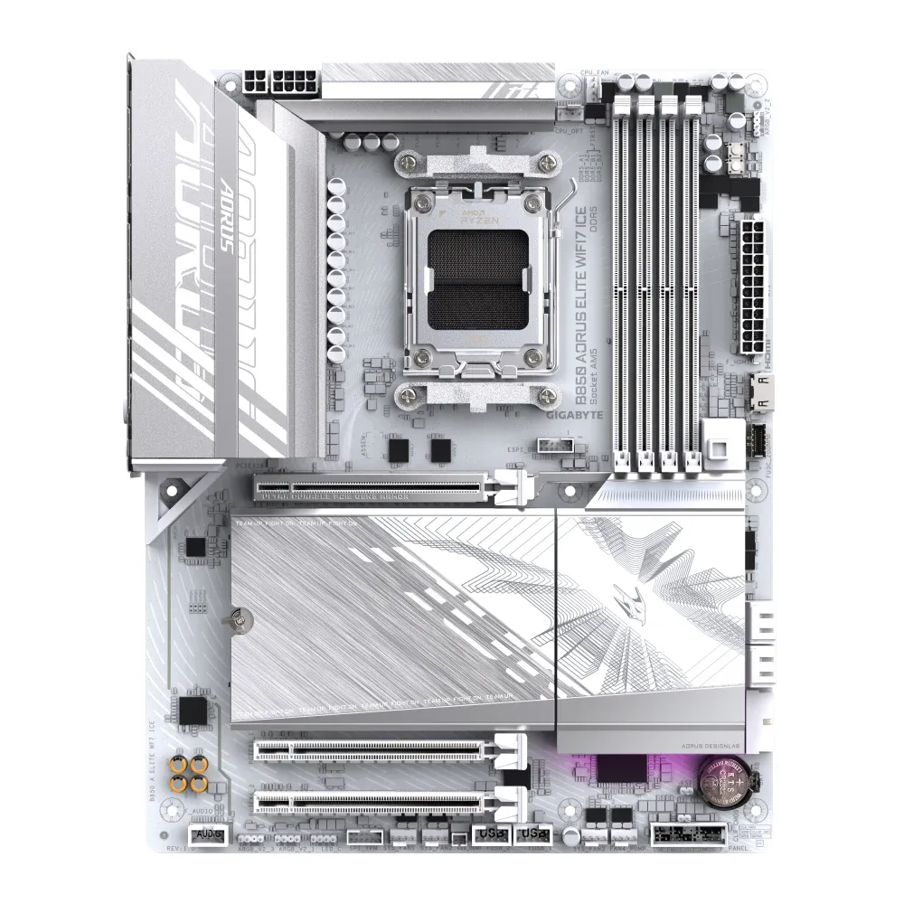 Gigabyte B850 AORUS ELITE WIFI7 ICE AMD AM5 Socket Motherboard, ATX, 4x DDR5 Slots, 3x M.2 Sockets, Fitted I/O Shield, 2.5GbE LAN, Wi-Fi 7, 1x DisplayPort / 1x HDMI Port