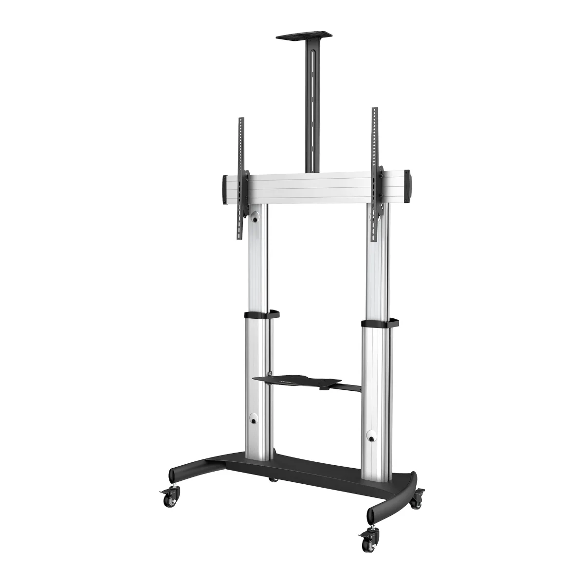 Startech Mobile TV Stand, Heavy Duty TV Cart for 60-100" Display (100kg/220lb), Height Adjustable Rolling Flat Screen Floor Standing on Wheels, Universal Television Mount w/Shelves - W/ 2 equipment shelves - Cart - for flat panel - aluminium, steel - black, silver - screen size: 60"-100