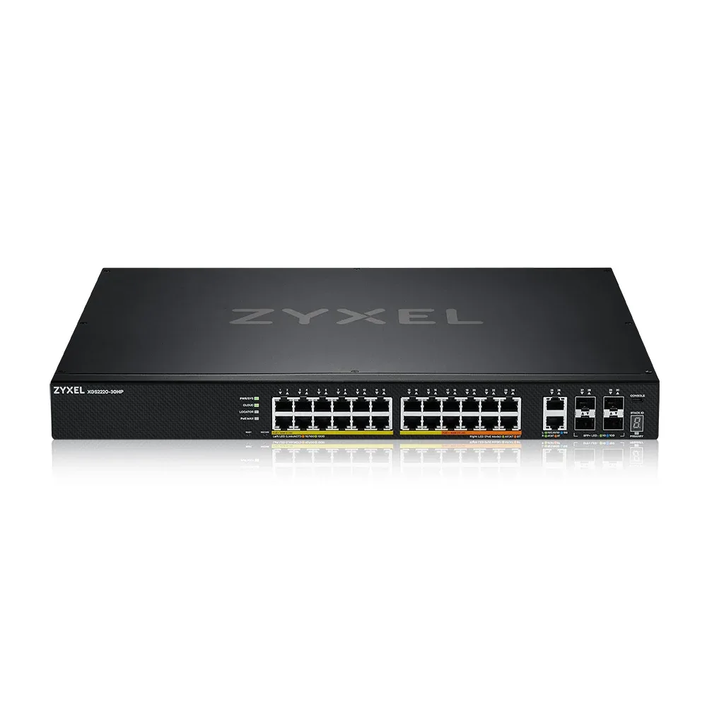 Zyxel XGS2220 Series XGS2220-30HP - Switch - 24-port GbE L3 access, with 6 10G uplink - L3 - Managed - 16 x 10/100/1000 (PoE+) + 8 x 10/100/1000 (PoE++) + 2 x 1/2.5/5/10 (PoE++) + 4 x 1 Gigabit / 10 Gigabit SFP+ - desktop, rack-mountable - PoE++ (400 W)