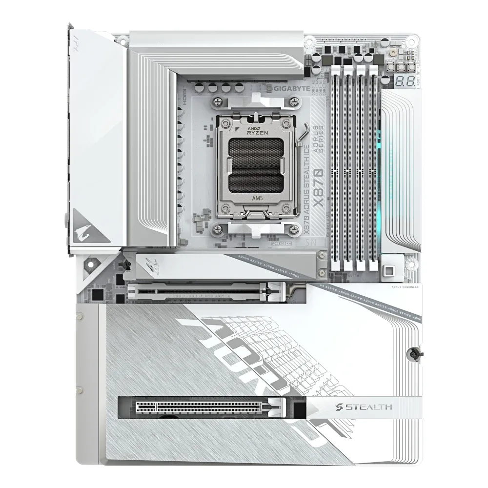 Gigabyte X870 AORUS STEALTH ICE AMD AM5 Socket Motherboard, ATX, 4x DDR5 Slots, 4x M.2 Sockets, 5GbE LAN, Wi-Fi 7, 1x HDMI Port / 2x USB-C (USB4)