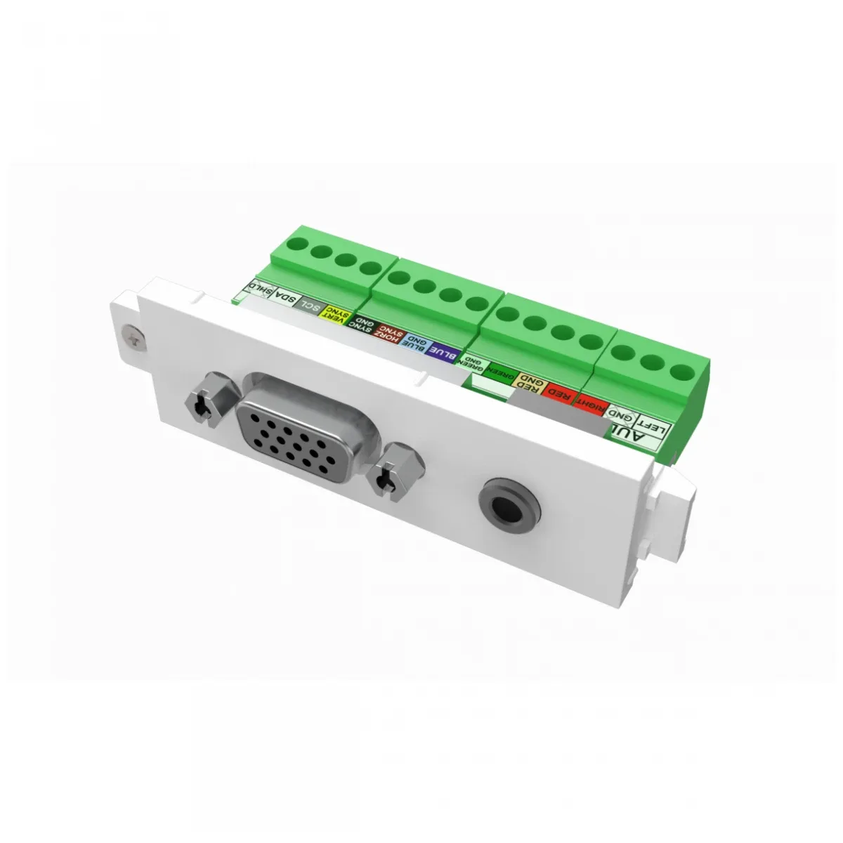 Modular AV faceplate component - VGA and minijack module - female 15-pin VGA and minijack socket for audio on front - bare-wire phoenix connectors on rear - suits pre-terminated cables - fixes into techconnect surrounds - plastic - white
