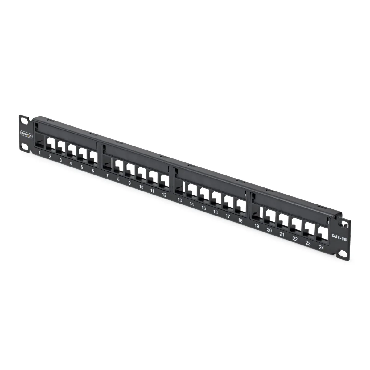 Startech - Blank keystone patch panel - for RJ45 - wall mountable, rack mountable - CAT 5e/6 - UTP - black - 1U - 19" - 24 ports - TAA Compliant