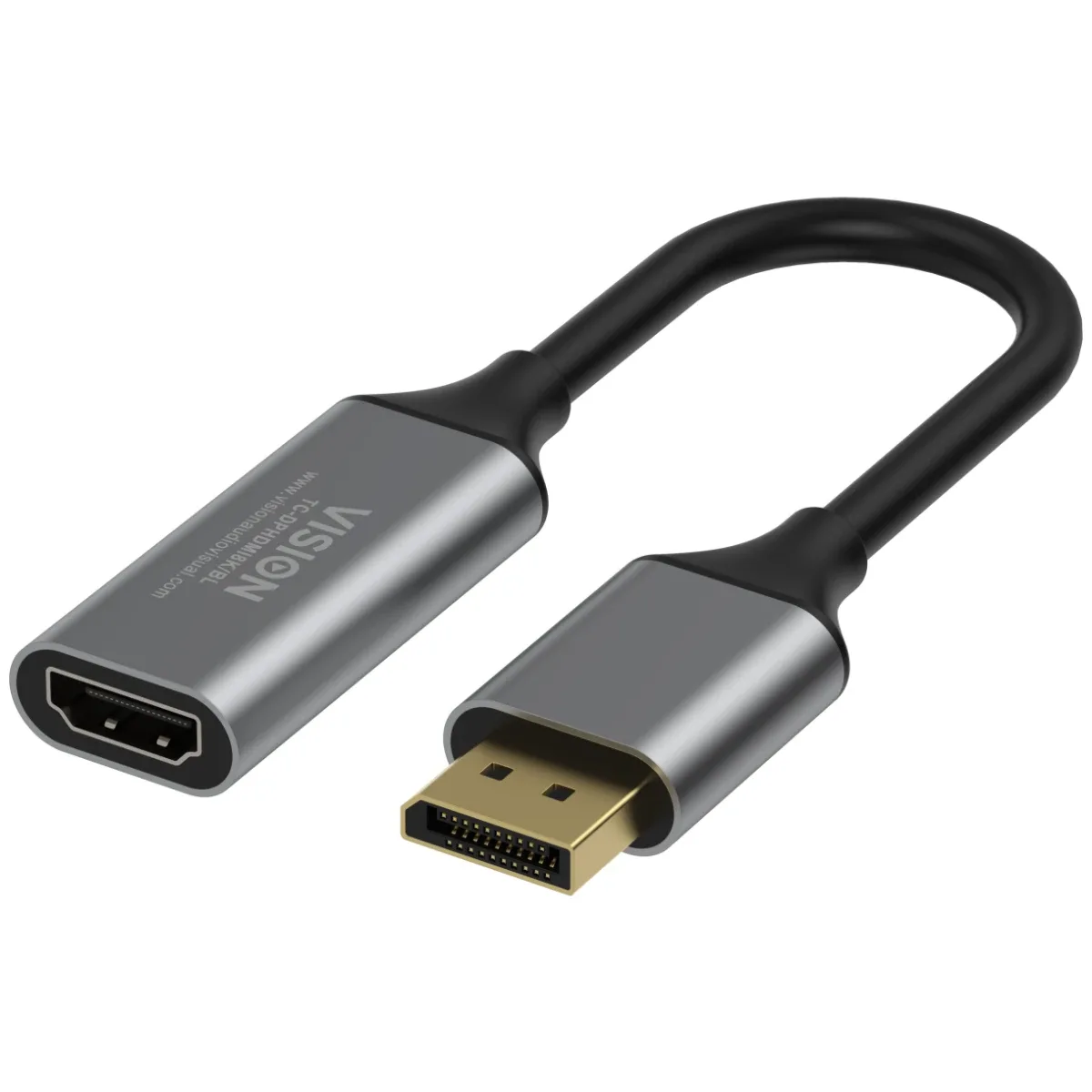 DisplayPort to HDMI adaptor - 8k 60 hz - DP version 1.4 - gold connectors - HDMI 2.1 - does not convert HDMI to DP - hotplug - DP (m) to HDMI (f) - outer diameter 5.0 mm - 32 AWG - overall length 225 mm - black