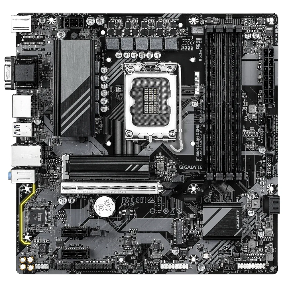 Gigabyte B760M DS3H GEN5 Intel 1700 Socket Motherboard, Micro-ATX, 4x DDR5 Slots, 2x M.2 Sockets, 2.5GbE LAN, 1x D-Sub / 1x DisplayPort / 1x HDMI Port