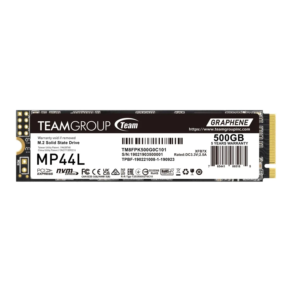 Team MP44L (TM8FPK500G0C101) 500GB NVMe SSD, PCIe Gen4, M.2 Interface, 2280, Read 5000 MB/s, Write 3700 MB/s, 5 Year Warranty