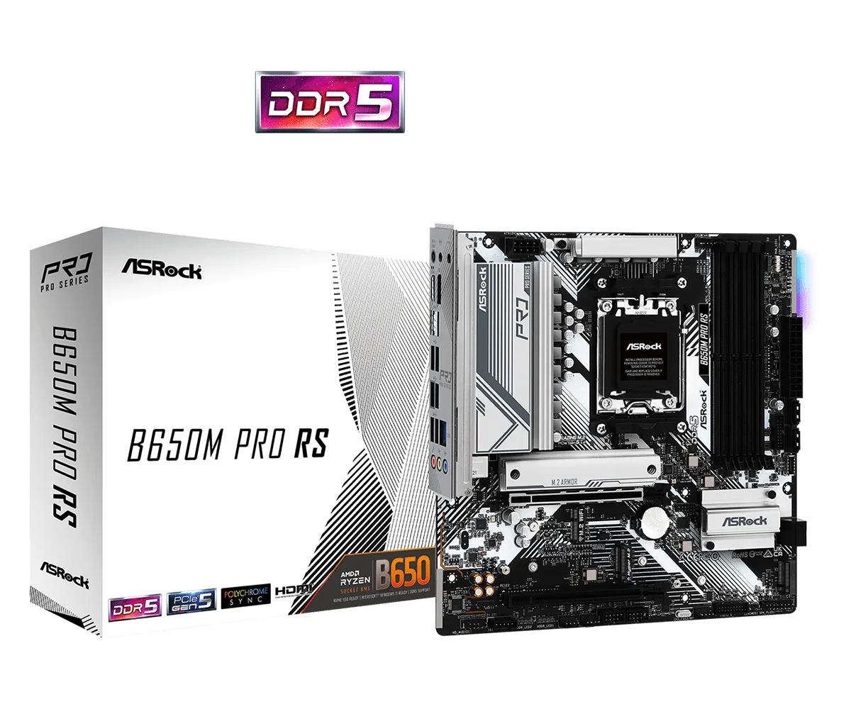 ASRock B650M Pro RS AMD AM5 Socket Motherboard, Micro-ATX, 4x DDR5 Slots, 3x M.2 Sockets, Fitted I/O Shield, 2.5GbE LAN, 1x DisplayPort / 1x HDMI Port