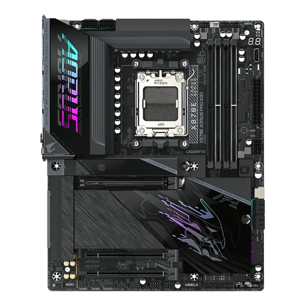 Gigabyte X870E AORUS PRO X3D AMD AM5 Socket Motherboard, ATX, 4x DDR5 Slots, 4x M.2 Sockets, Fitted I/O Shield, 5GbE LAN, Wi-Fi 7, 1x HDMI Port / 2x USB-C (USB4)