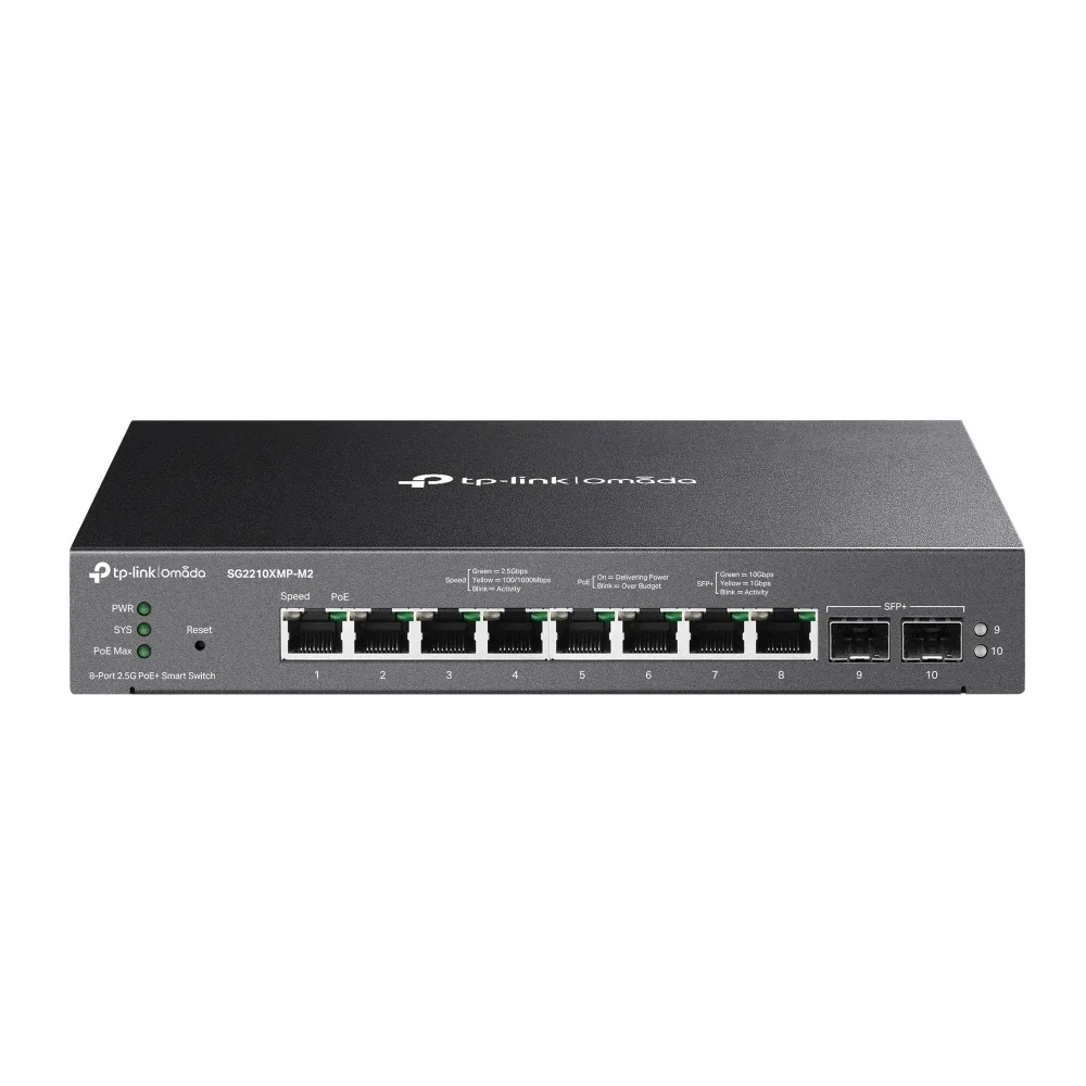 TP-Link Omada SG2210XMP-M2 V1.6 - Switch - L2+ - smart - 8 x 100/1000/2.5G (PoE+) + 2 x 10Gb Ethernet SFP+ - desktop, wall-mountable - PoE+ (160 W)