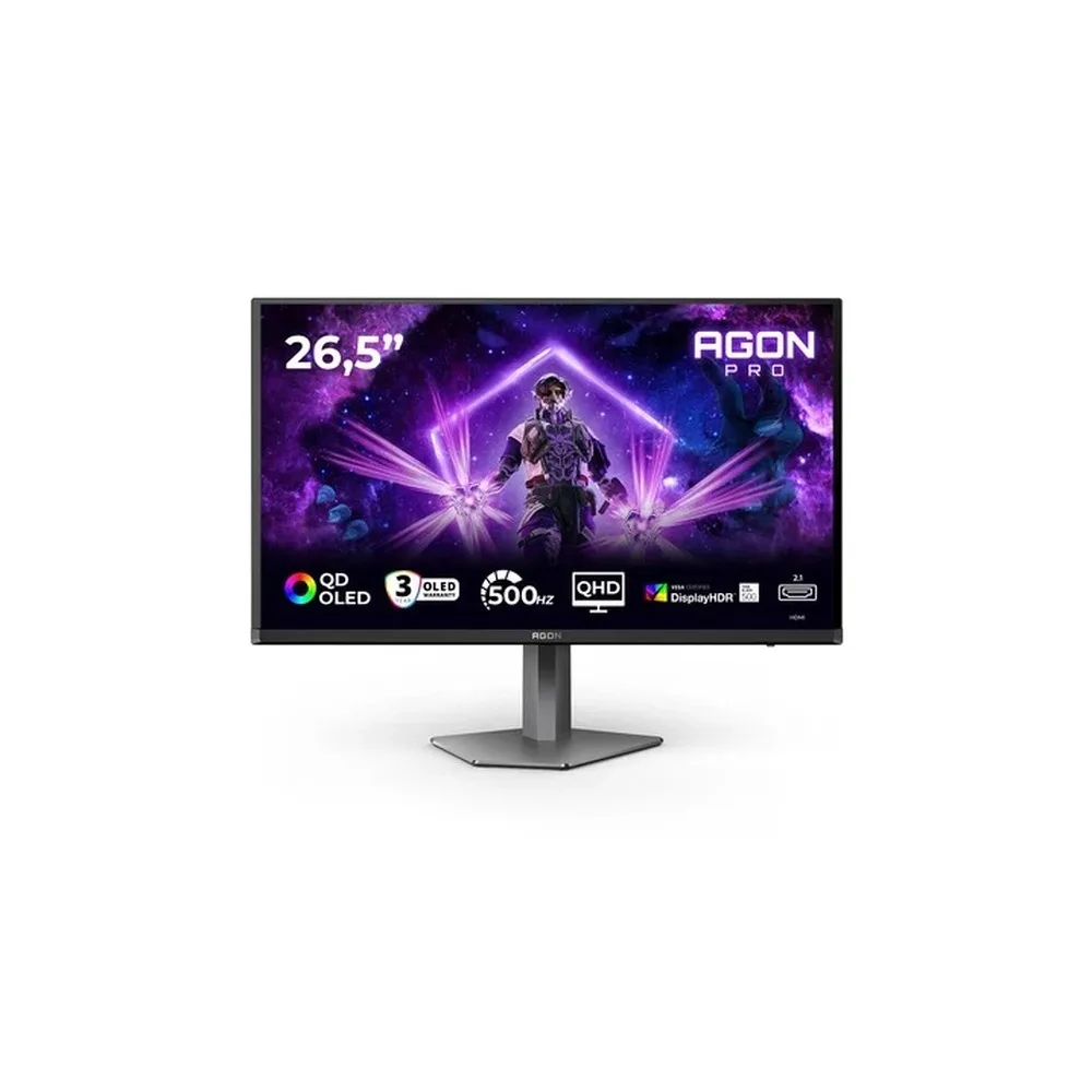 AOC AGON PRO AG276QKD2 - AG6 Series - OLED monitor - gaming - 27" (26.5" viewable) - 2560 x 1440 QHD @ 500 Hz - 1000 cd/m² - 15000000:1 - DisplayHDR 500 True Black - 0.03 ms - 2xHDMI, DisplayPort - speakers - dark grey, black