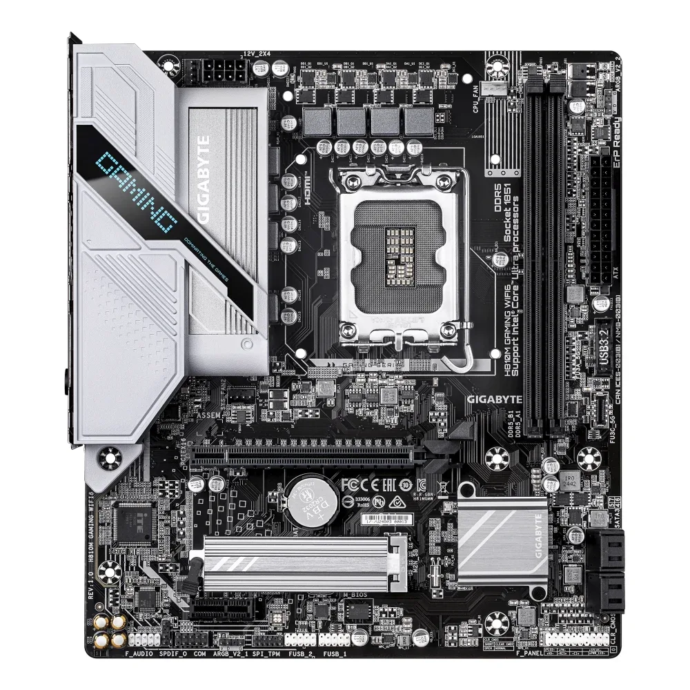Gigabyte H810M GAMING WIFI6 Intel 1851 Socket Motherboard, Micro-ATX, 2x DDR5 Slots, 1x M.2 Socket, Fitted I/O Shield, 2.5GbE LAN, Wi-Fi 6, 1x DisplayPort / 1x HDMI Port