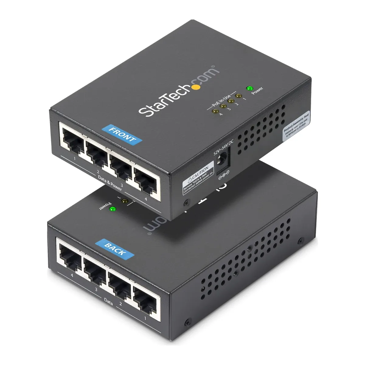 StarTech 4 Port Gigabit Midspan - PoE+ Injector - 802.3at and 802.3af - Wall-mountable Power over Ethernet Midspan (POEINJ4G) - PoE injector - AC 100-240 V - 120 Watt - output connectors: 4 - black - for P/N: POEEXT1GAT, POEEXT2GAT, ST12MHDLANU