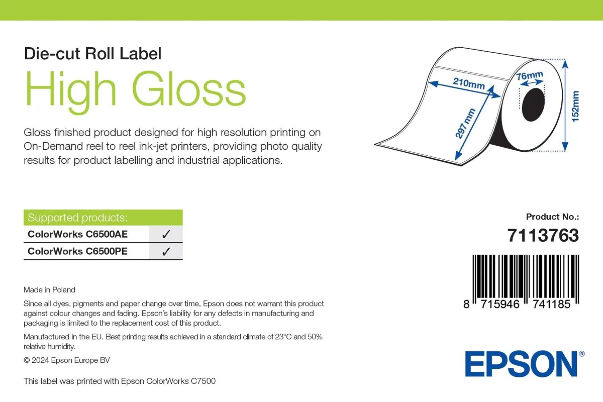 Epson 7113763 High Gloss Label Die-cut Roll 210MM X 297MM 194 Labels