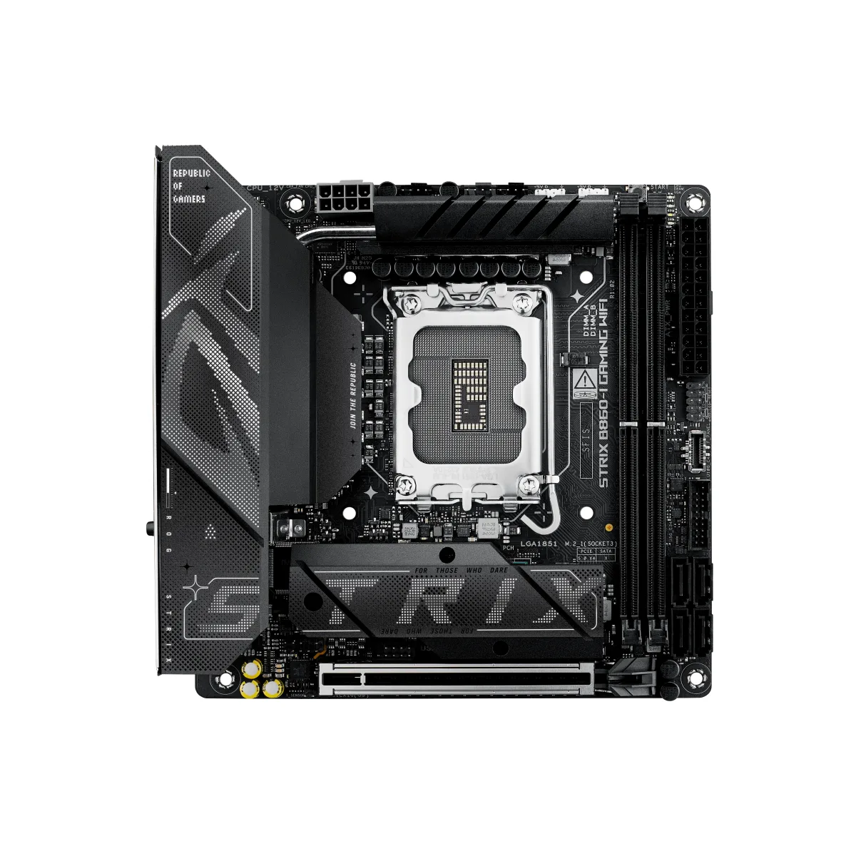 ASUS ROG STRIX B860-I GAMING WIFI - Motherboard - mini ITX - LGA1851 Socket - B860 Chipset - USB4, USB 3.2 Gen 2, USB-C 3.2 Gen 2x2, USB 3.2 Gen 1 - Wi-Fi 7, 2.5 Gigabit LAN, Bluetooth - onboard graphics (CPU required) - HD Audio (8-channel)