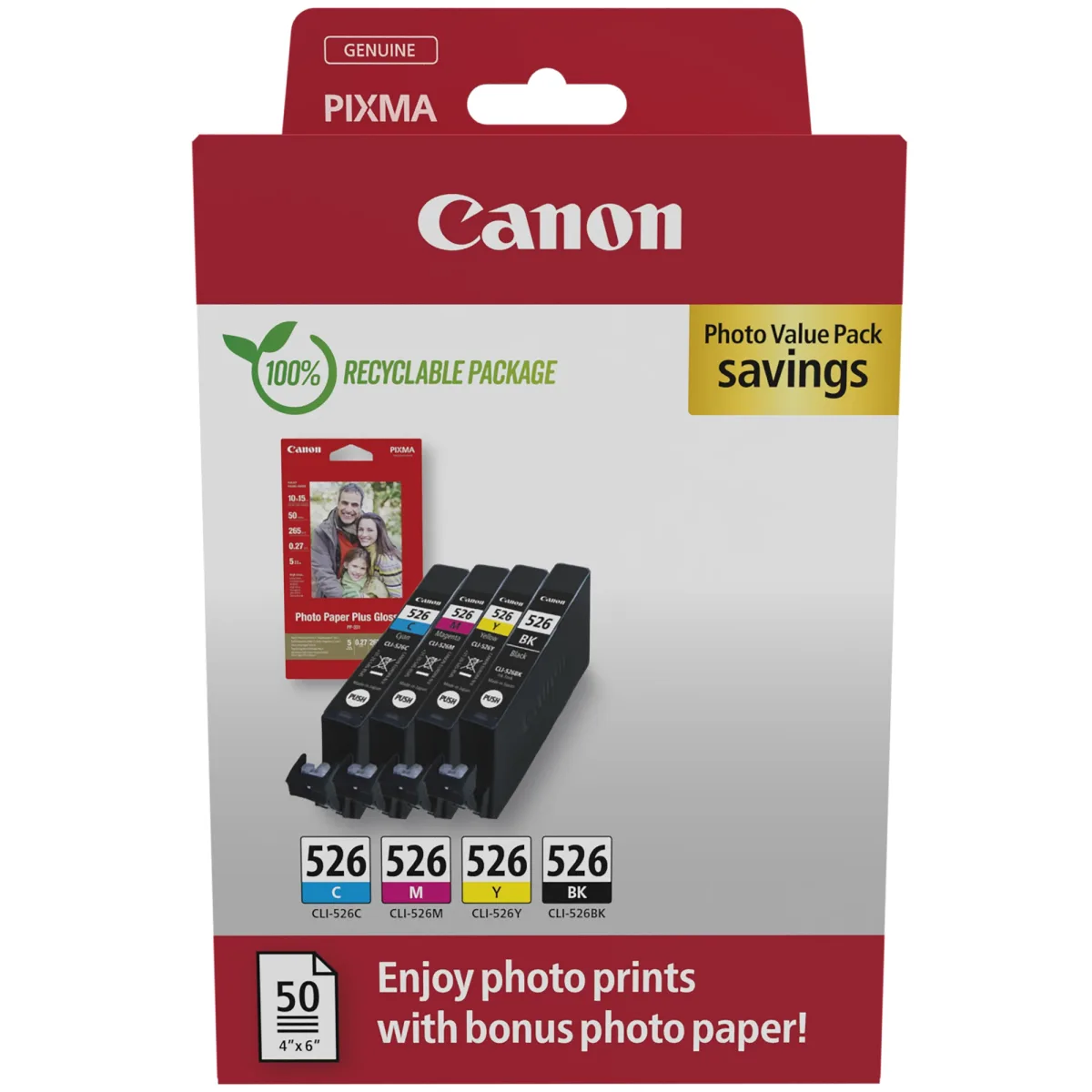 Canon CLI-526 C/M/Y/BK Photo Value Pack - 4-pack - 9 ml - yellow, cyan, magenta, black - original - box - ink tank / paper kit